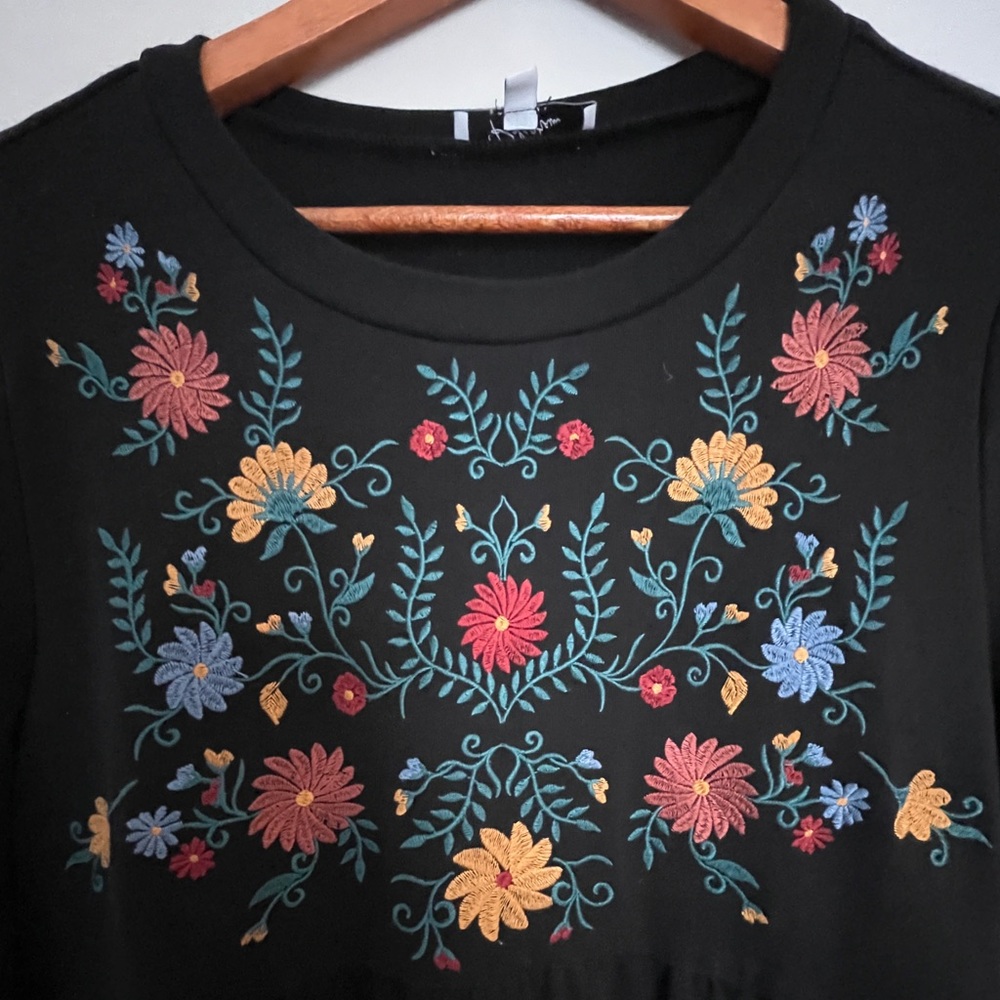 Polagram Black Midi Dress with Multicolor Floral Embroidery